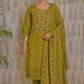 Front view of green cotton kurti with printed yoke and real work, paired with dupatta