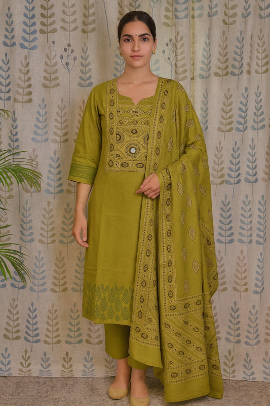 Front view of green cotton kurti with printed yoke and real work, paired with dupatta