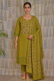 Front view of green cotton kurti with printed yoke and real work, paired with dupatta