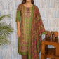Green cotton 3-piece kurti set with mirror handwork and lace neck