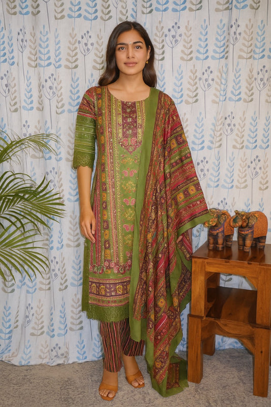 Green cotton 3-piece kurti set with mirror handwork and lace neck