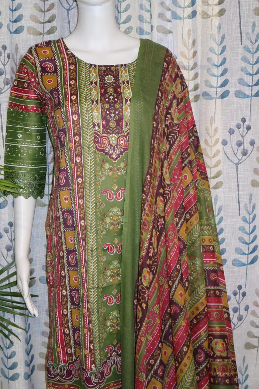 Printed green kurti with pants and dupatta for women