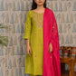 Front view of green semi-silk chudithaar with embroidery and pink dupatta