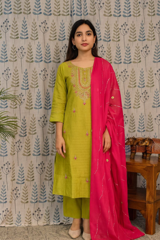 Front view of green semi-silk chudithaar with embroidery and pink dupatta