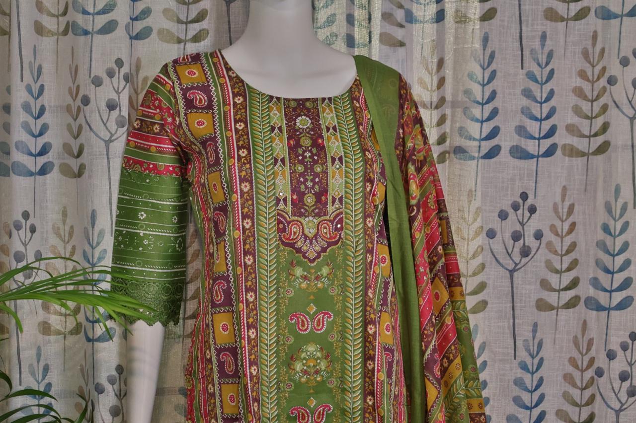 Elegant green cotton slub kurti set with ethnic style