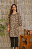 Front view of grey cotton kurti with Bagru print and V-neck