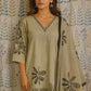 Front view of grey cotton kurti with bead work and digital print