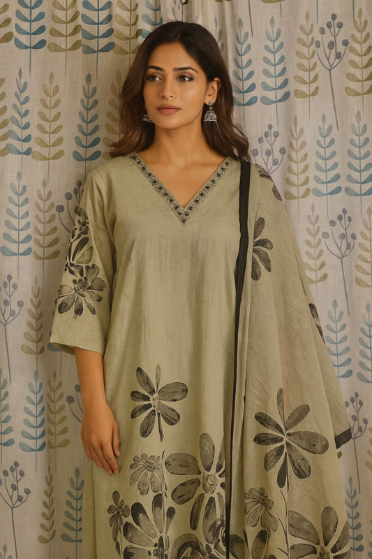 Front view of grey cotton kurti with bead work and digital print