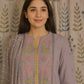 Front view of grey cotton kurti set with embroidered yoke and shiffon dupatta
