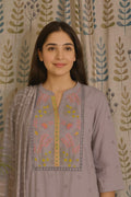 Front view of grey cotton kurti set with embroidered yoke and shiffon dupatta
