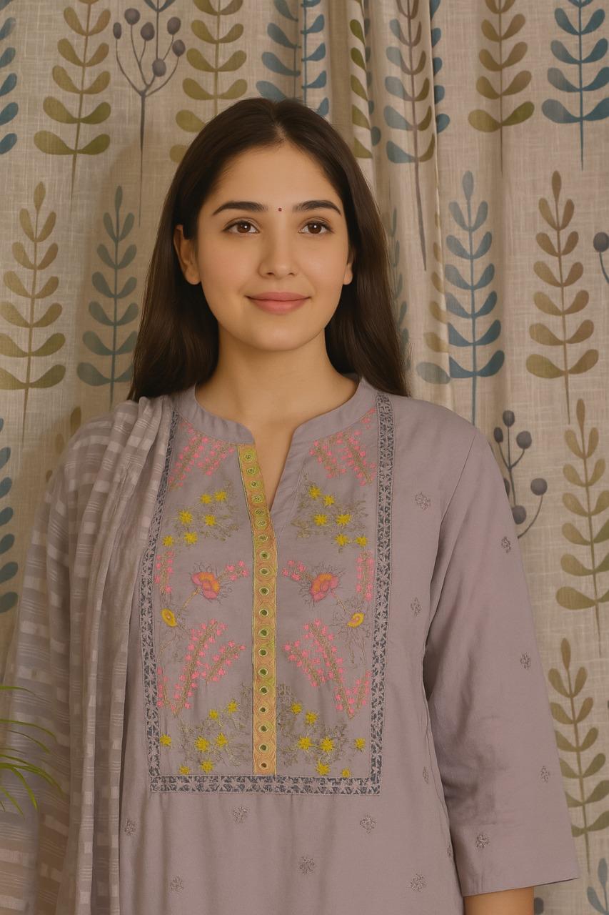Front view of grey cotton kurti set with embroidered yoke and shiffon dupatta
