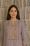 Front view of grey cotton kurti set with embroidered yoke and shiffon dupatta