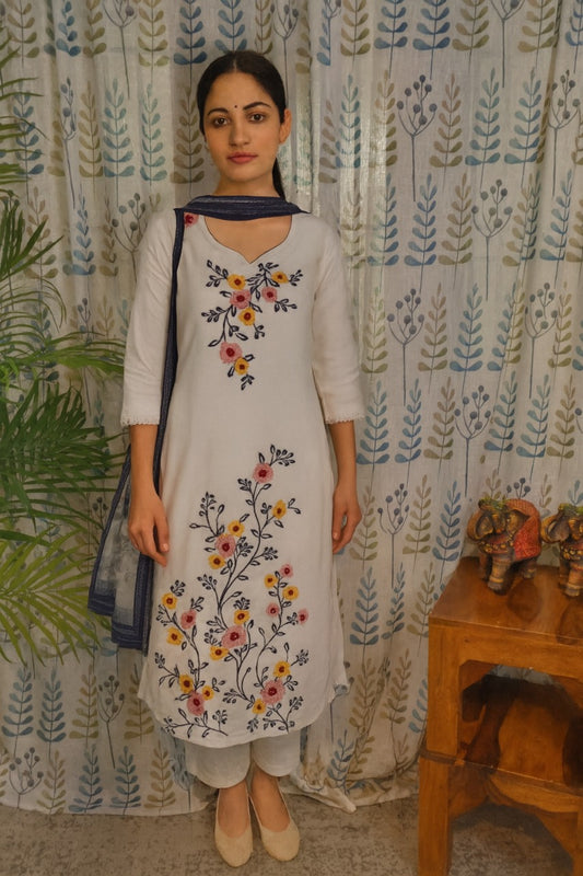 Half white cotton kurti with embroidery and lace neckline