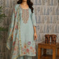 Front view of light blue jute cotton kurti with embroidery and straight cut pant