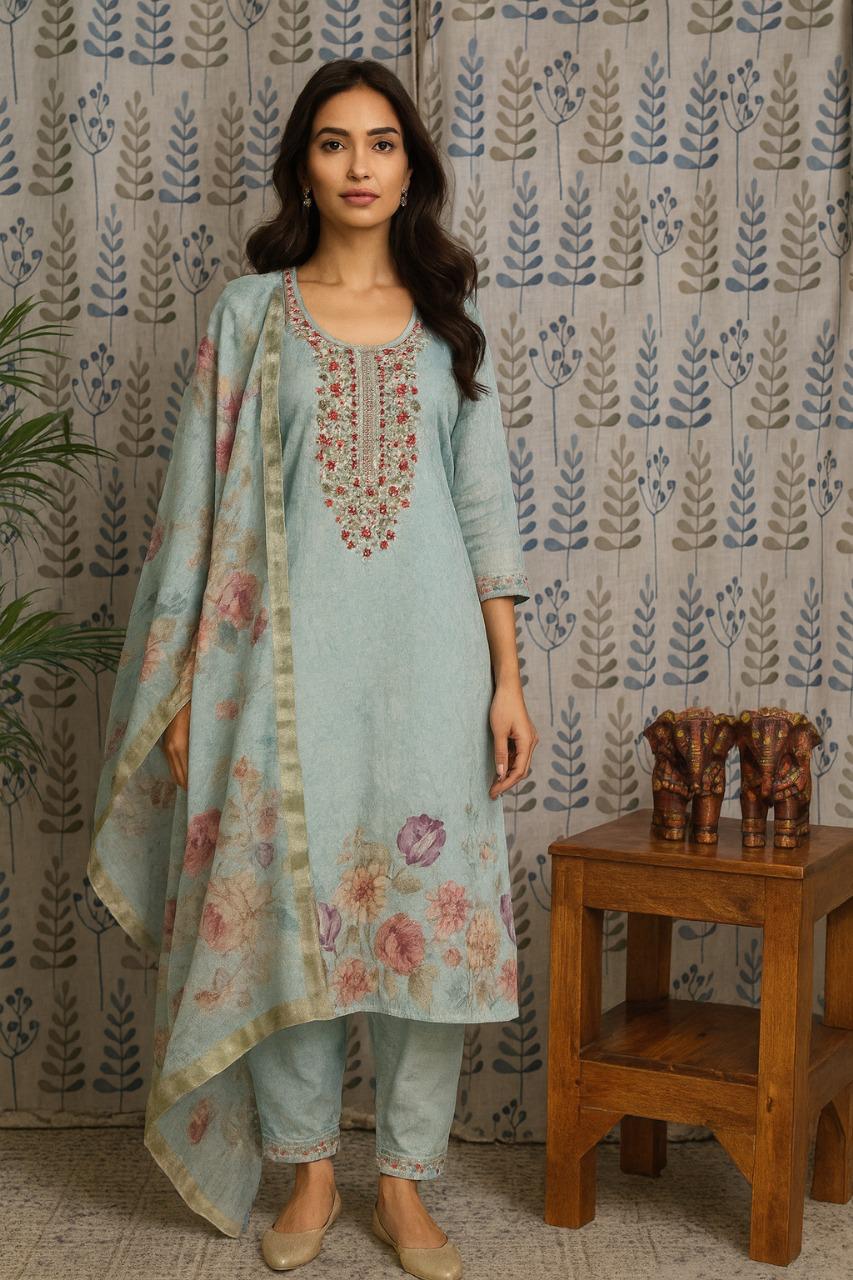 Front view of light blue jute cotton kurti with embroidery and straight cut pant