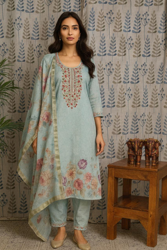 Front view of light blue jute cotton kurti with embroidery and straight cut pant
