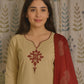 Front view of light brown cotton kurti set with patch and Kaatha work