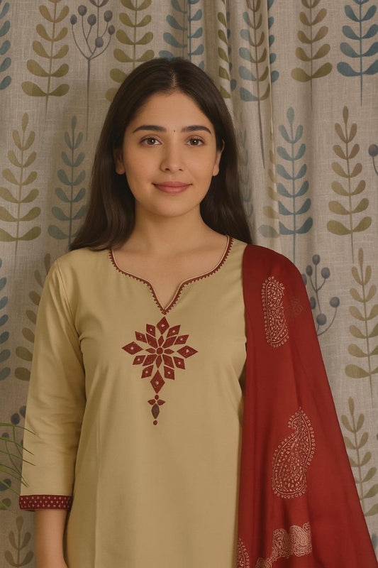 Front view of light brown cotton kurti set with patch and Kaatha work