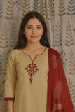 Front view of light brown cotton kurti set with patch and Kaatha work