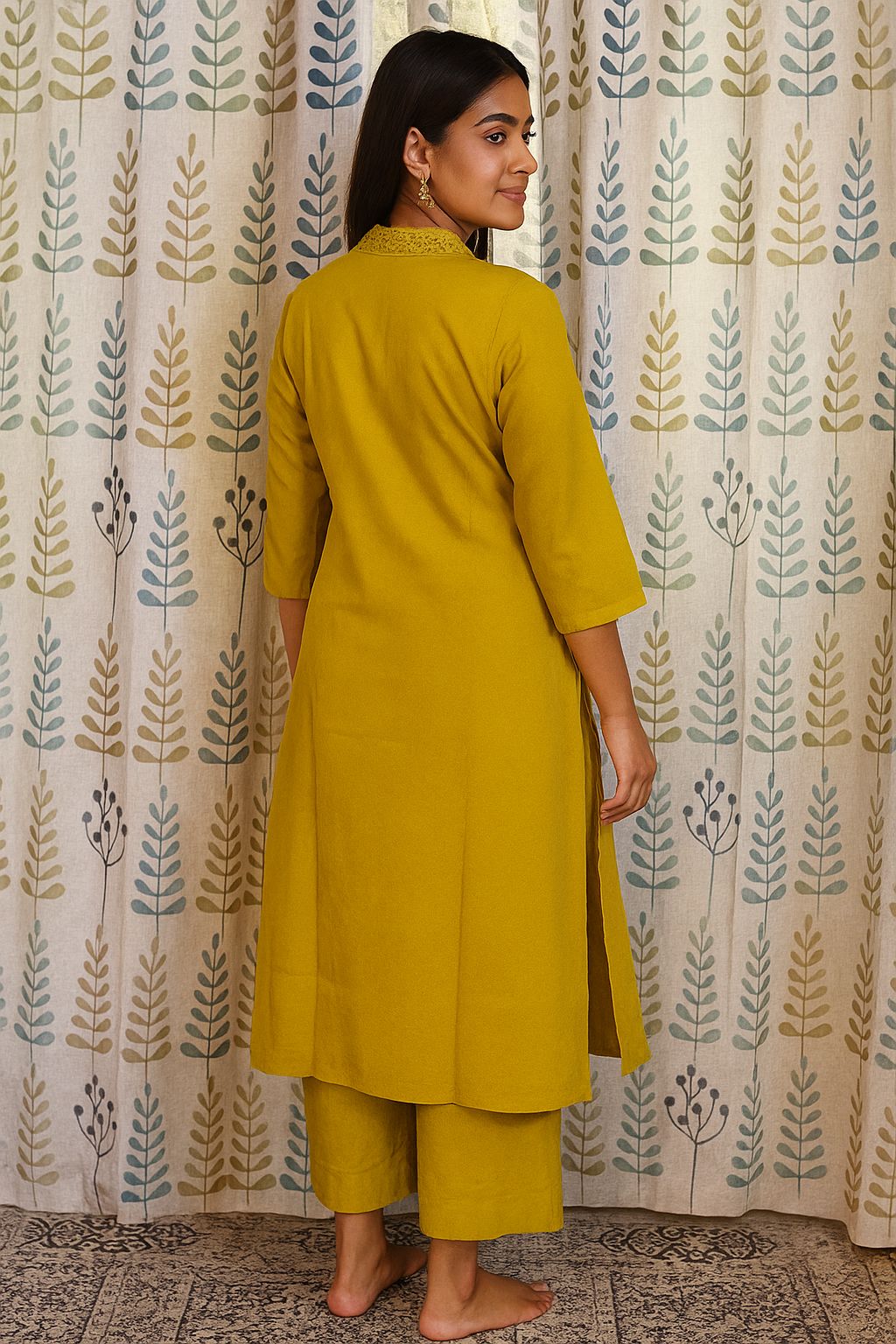 Stylish mustard co-ord set for women in linen cotton with lace and embroidery on top