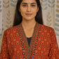 Maroon cotton kurti with V-neck mirror work and traditional ajarakh print