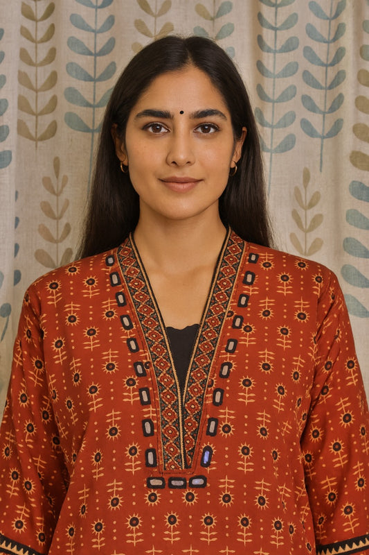 Maroon cotton kurti with V-neck mirror work and traditional ajarakh print