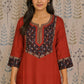 Maroon cotton kurti with ajarakh print accents on yoke and sleeves