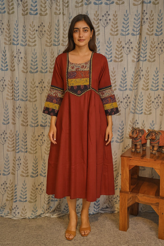 Maroon cotton frock kurti with Ajarakh print on yoke and 3/4 sleeves