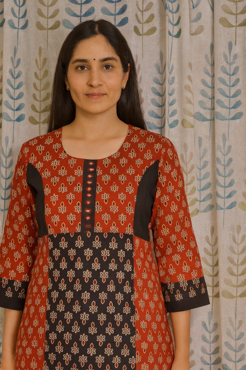 Maroon kurti with unique back patchwork design and 3/4 sleeves