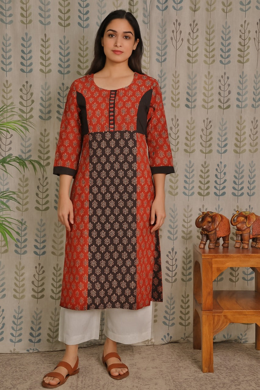 Maroon cotton kurti with hand-sewn mirror work and Ajarakh print