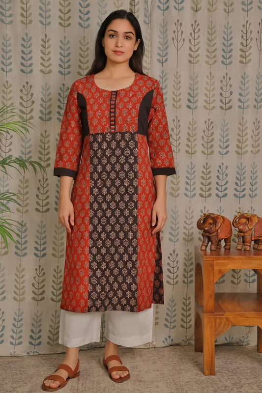 Maroon cotton kurti with hand-sewn mirror work and Ajarakh print