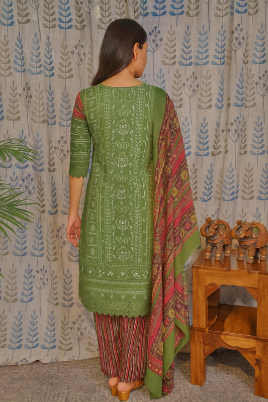 Handcrafted mirror work on green cotton kurti set