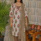 Front view of pink floral print cotton kurti set with lace V-neck