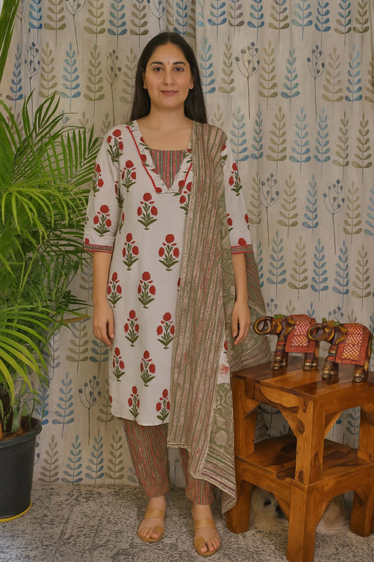 Front view of pink floral print cotton kurti set with lace V-neck