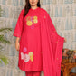 Front view of rani pink cotton kurti with embroidery and plain pants