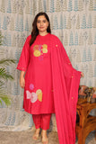 Front view of rani pink cotton kurti with embroidery and plain pants