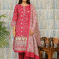Front view of Rani Pink cotton kurti set with lace yoke and print