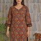Front view of red cotton kurti with Kalamkari print and V-neck