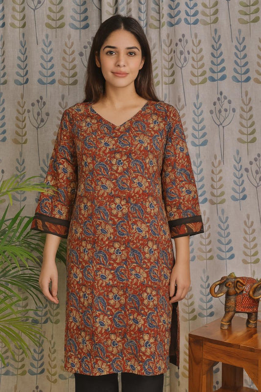Front view of red cotton kurti with Kalamkari print and V-neck