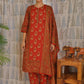 Front view of red cotton kurti set with all-over print and straight-cut pant