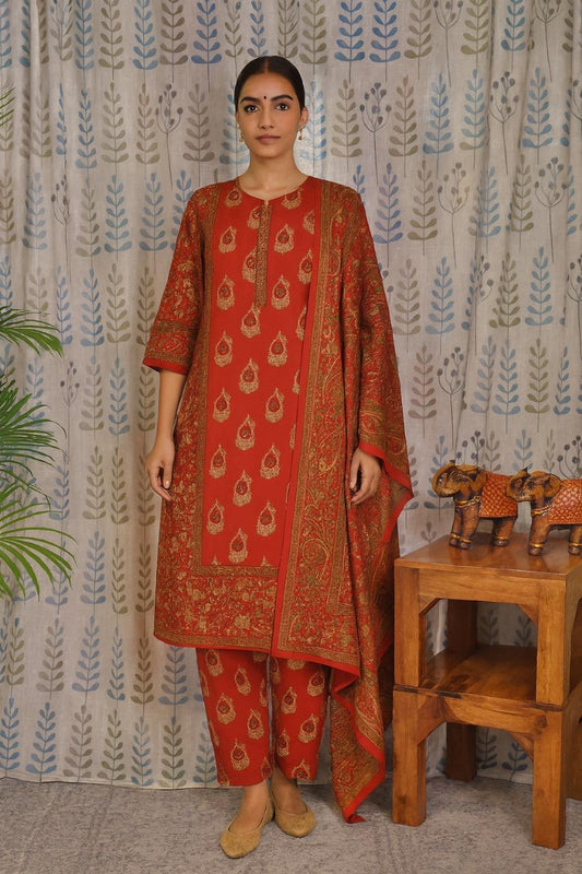 Front view of red cotton kurti set with all-over print and straight-cut pant
