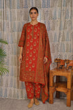 Front view of red cotton kurti set with all-over print and straight-cut pant