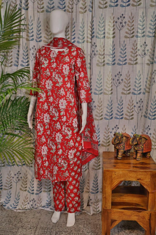 Front view of red cotton kurti set with digital floral print and matching pants