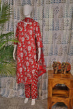 Front view of red cotton kurti set with digital floral print and matching pants