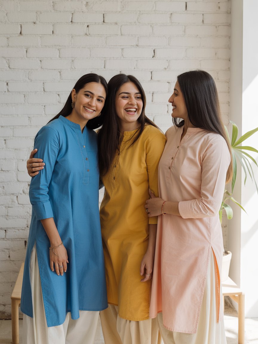 Women wearing colorful cotton kurti sets from the trending ethnic collection
