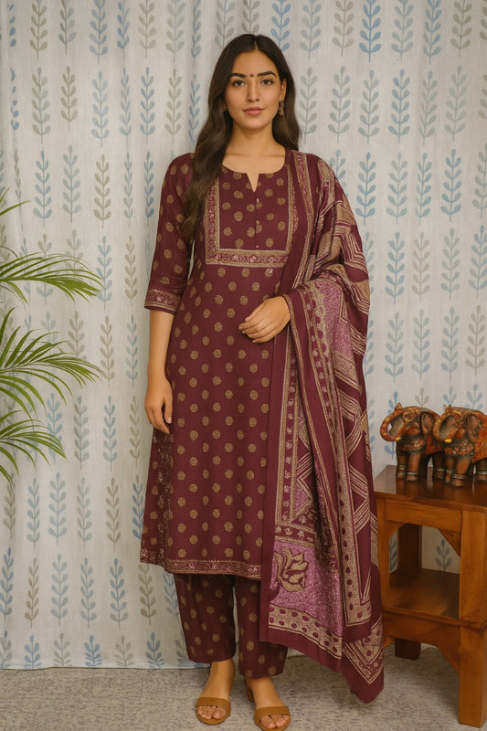 Violet cotton kurti set with printed dupatta and pant