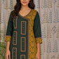 Yellow and green cotton kurti with ajarakh print and mirror work detailing