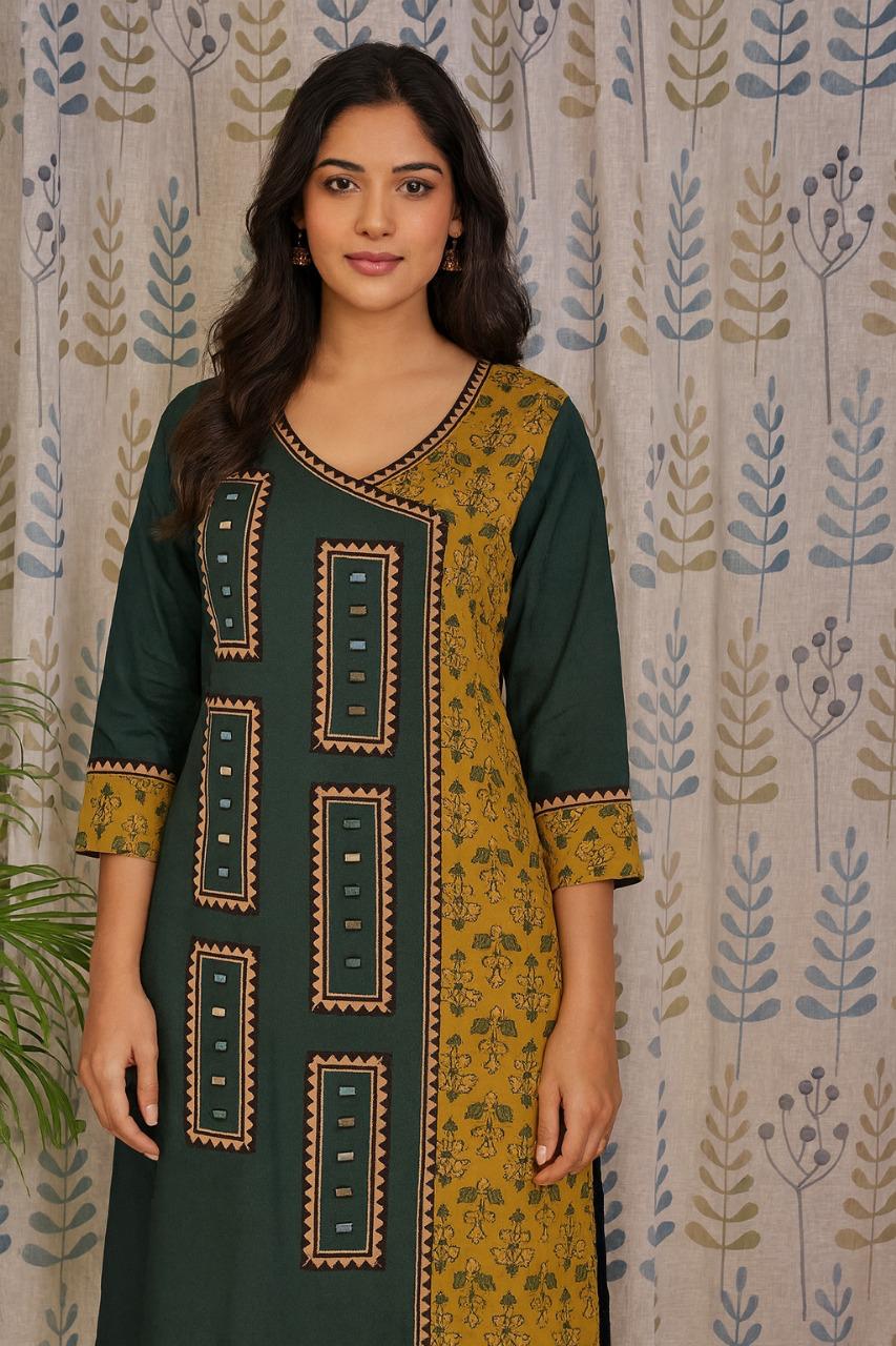 Yellow and green cotton kurti with ajarakh print and mirror work detailing