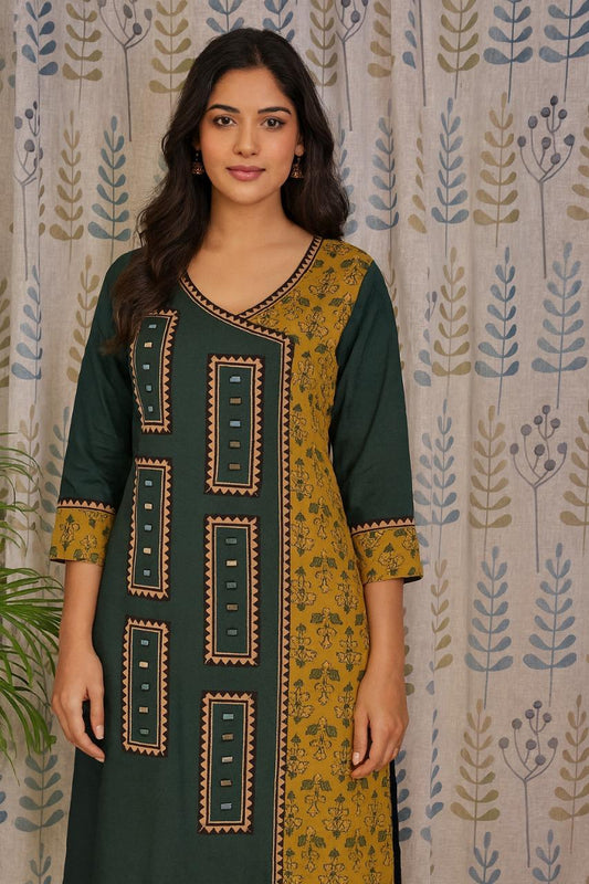 Yellow and green cotton kurti with ajarakh print and mirror work detailing