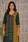 Yellow and green cotton kurti with ajarakh print and mirror work detailing